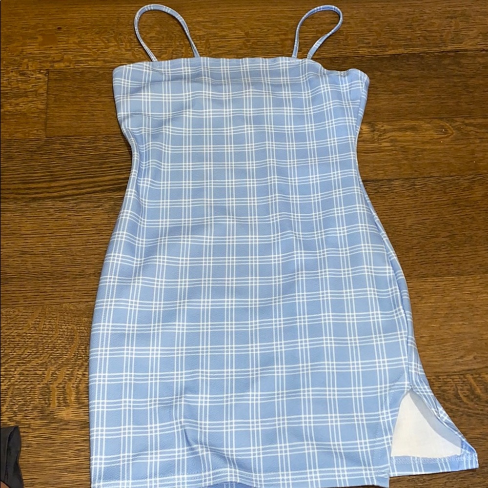 blue and white plaid casual dress